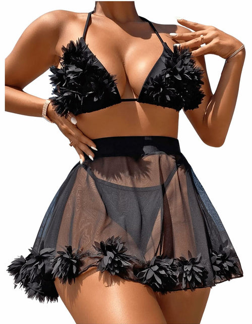 Load image into Gallery viewer, OYOANGLE Women's 3-Piece Halter Triangle Bikini Swimsuit Mesh Skirt Black M
