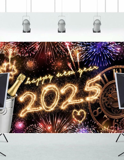 Load image into Gallery viewer, New Year 2025 Backdrop 10x8ft Champagne Clock Firework Photo Booth
