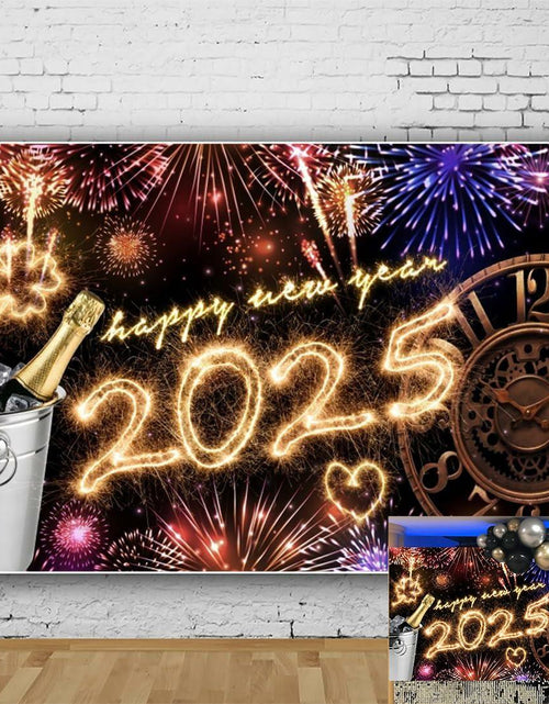 Load image into Gallery viewer, New Year 2025 Backdrop 10x8ft Champagne Clock Firework Photo Booth

