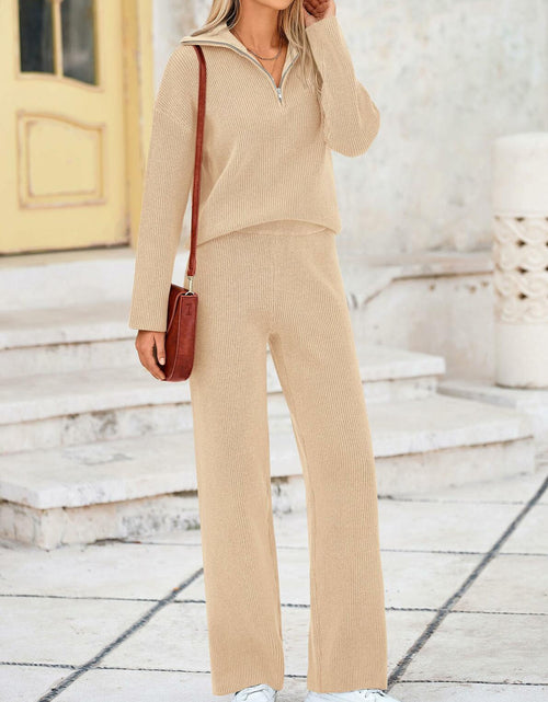 Load image into Gallery viewer, PRETTYGARDEN Womens Winter 2 Piece Sweater Set Quarter Zip Pants Beige Size XXL
