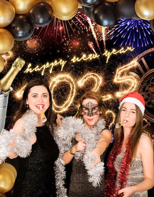 Load image into Gallery viewer, New Year 2025 Backdrop 10x8ft Champagne Clock Firework Photo Booth
