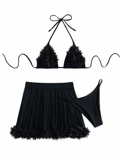 Load image into Gallery viewer, OYOANGLE Women's 3-Piece Halter Triangle Bikini Swimsuit Mesh Skirt Black M
