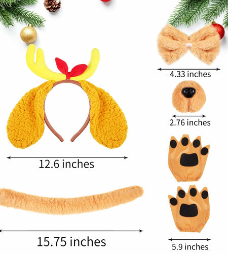 PAJXNJC Deer Antler Headband Set Dog Ears Nose Bow Tie Tail Gloves Yellow