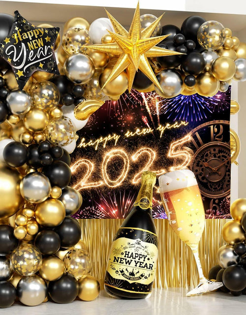 Load image into Gallery viewer, New Year 2025 Backdrop 10x8ft Champagne Clock Firework Photo Booth
