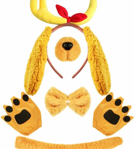 PAJXNJC Deer Antler Headband Set Dog Ears Nose Bow Tie Tail Gloves Yellow