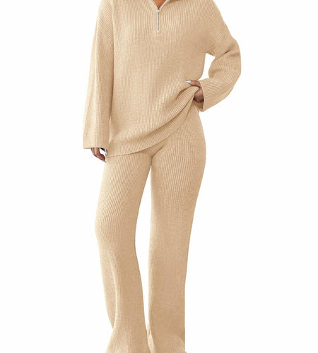 PRETTYGARDEN Womens Winter 2 Piece Sweater Set Quarter Zip Pants Beige Size XXL
