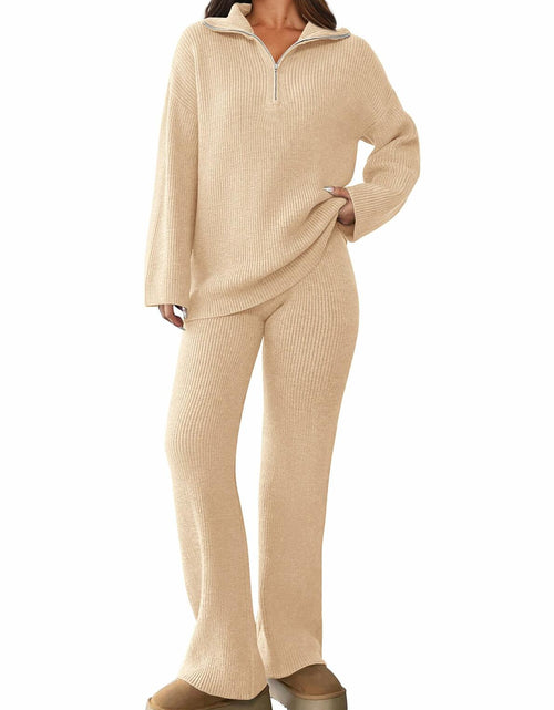 Load image into Gallery viewer, PRETTYGARDEN Womens Winter 2 Piece Sweater Set Quarter Zip Pants Beige Size XXL
