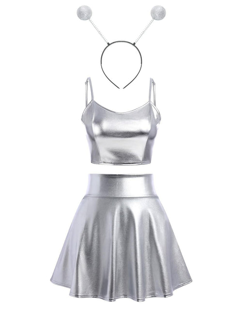 Load image into Gallery viewer, Alien Costume Women Metallic Crop Top Skirt Headband Silver Size 2XL
