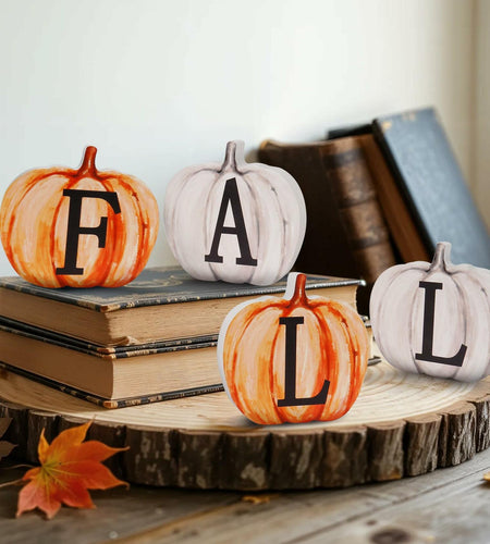 Popest 4 PCS Fall Pumpkin Decor Wood Sign Block Set White Farmhouse