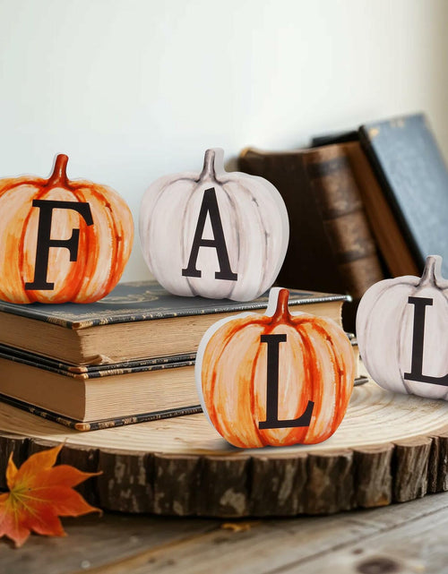 Load image into Gallery viewer, Popest 4 PCS Fall Pumpkin Decor Wood Sign Block Set White Farmhouse
