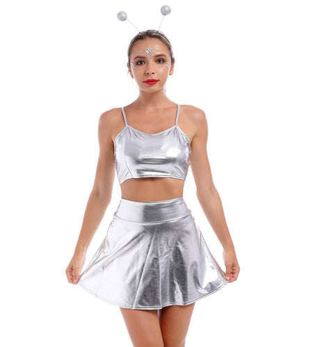 Alien Costume Women Metallic Crop Top Skirt Headband Silver Size 2XL
