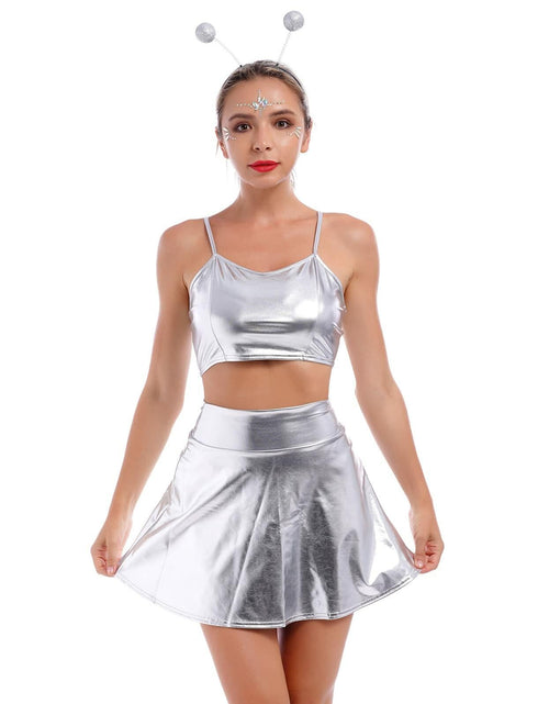 Load image into Gallery viewer, Alien Costume Women Metallic Crop Top Skirt Headband Silver Size 2XL

