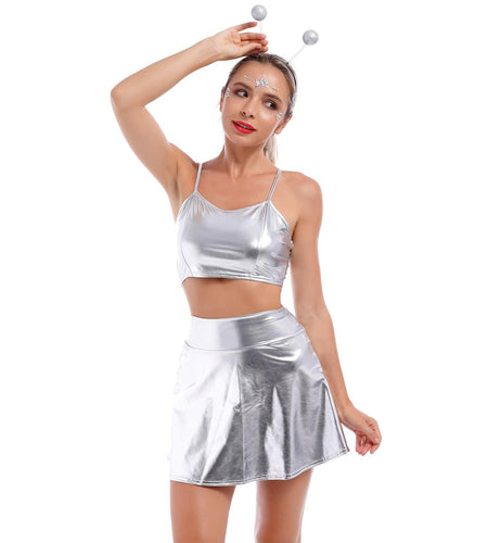 Alien Costume Women Metallic Crop Top Skirt Headband Silver Size 2XL