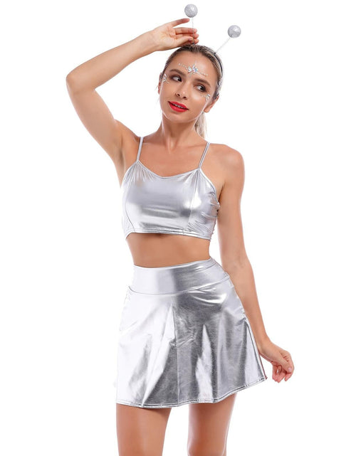 Load image into Gallery viewer, Alien Costume Women Metallic Crop Top Skirt Headband Silver Size 2XL
