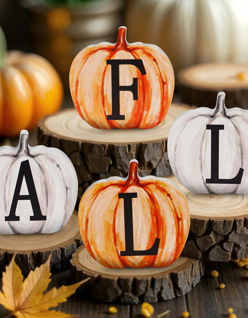 Load image into Gallery viewer, Popest 4 PCS Fall Pumpkin Decor Wood Sign Block Set White Farmhouse
