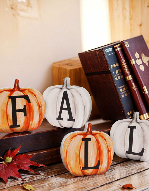 Load image into Gallery viewer, Popest 4 PCS Fall Pumpkin Decor Wood Sign Block Set White Farmhouse
