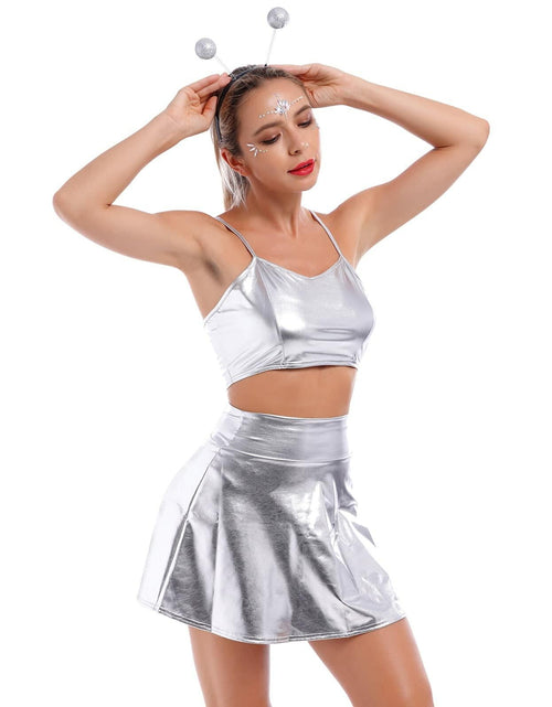 Load image into Gallery viewer, Alien Costume Women Metallic Crop Top Skirt Headband Silver Size 2XL
