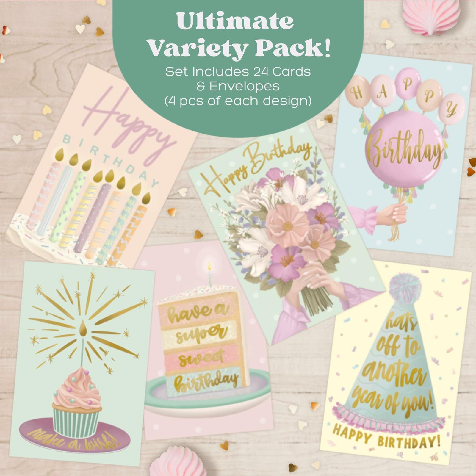 Birthday Cards Assortment Women Gold Foil 4x6 Envelopes 24 Pack