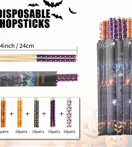Halloween 50 Pairs 9.4in Bamboo Disposable Chopsticks Sleeved Party Gifts