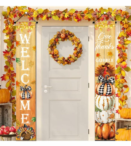 Vintage Welcome Thanksgiving Porch Banner Sign 70.8x11.8in Pumpkin Turkey Decor