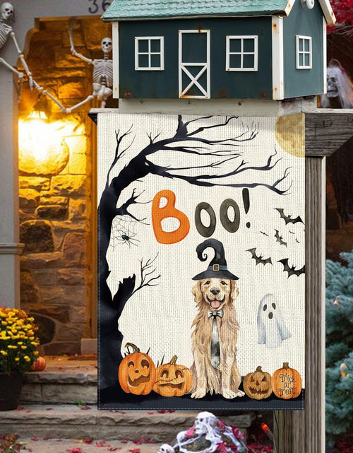 Load image into Gallery viewer, DLZDN Halloween Boo Dog Garden Flag Pumpkin Golden Retriever 12x18 Burlap

