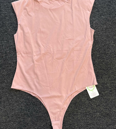 Women Sleeveless Pads Shoulder Bodycon Bodysuit Tank Top Pink Size XL