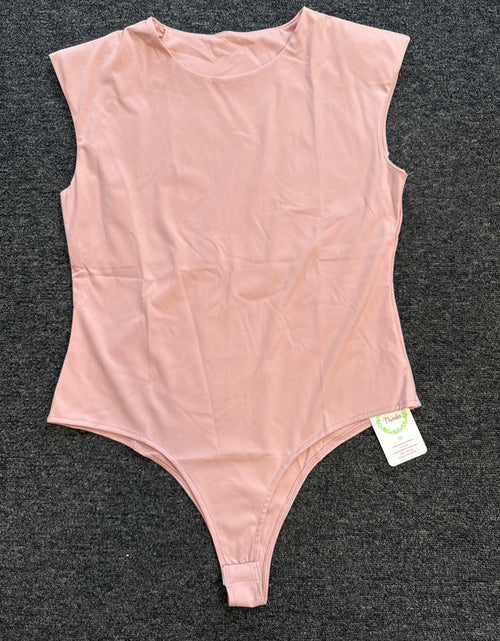 Load image into Gallery viewer, Women Sleeveless Pads Shoulder Bodycon Bodysuit Tank Top Pink Size XL
