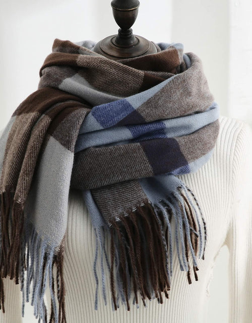Load image into Gallery viewer, Women's Faux Cashmere Plaid Scarf Blue Ultra-Soft Winter Wrap
