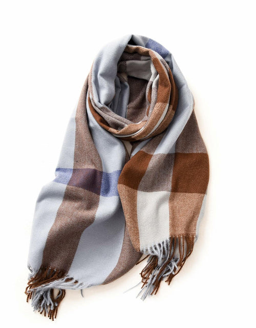 Load image into Gallery viewer, Women's Faux Cashmere Plaid Scarf Blue Ultra-Soft Winter Wrap
