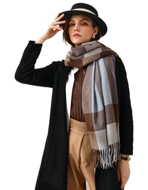 Load image into Gallery viewer, Women's Faux Cashmere Plaid Scarf Blue Ultra-Soft Winter Wrap

