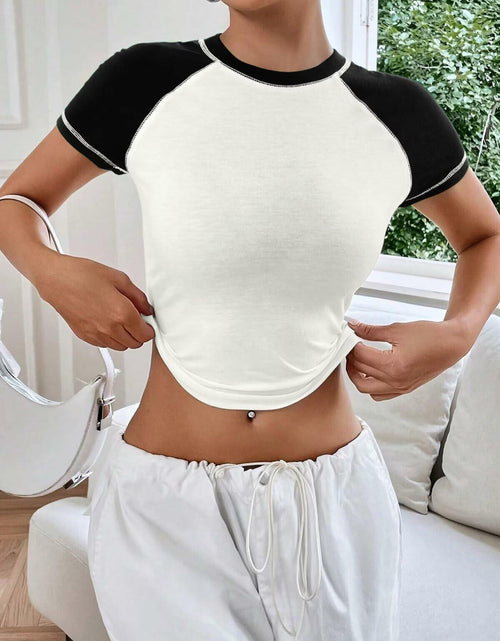 Load image into Gallery viewer, Women's Short Sleeve Crewneck Slim Fit White with Black Sleeve T Shirt Size S
