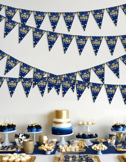 Load image into Gallery viewer, Mr. Onederful 1st Birthday Boy Triangle Banner Blue Party Decorations
