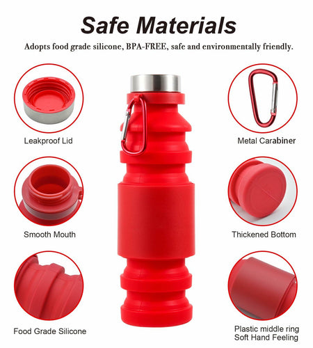 Mitour Collapsible Silicone Water Bottle 550ml Red BPA Free Foldable Reusable