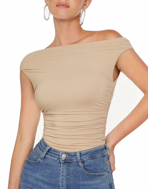 Load image into Gallery viewer, MOOSLOVER Women Off Shoulder Double Lined Fitted Crop Top Nude Size M

