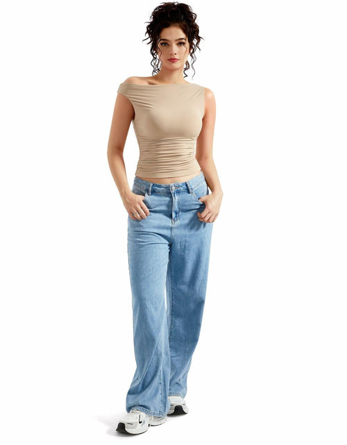 Load image into Gallery viewer, MOOSLOVER Women Off Shoulder Double Lined Fitted Crop Top Nude Size M
