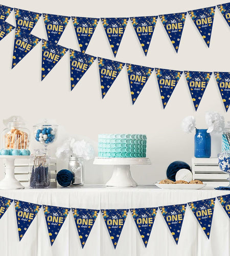 Mr. Onederful 1st Birthday Boy Triangle Banner Blue Party Decorations