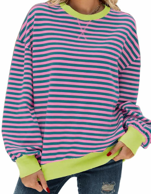 Load image into Gallery viewer, Pmgarmi Oversized Crewneck Striped Sweatshirt Women Pink Green Size XL
