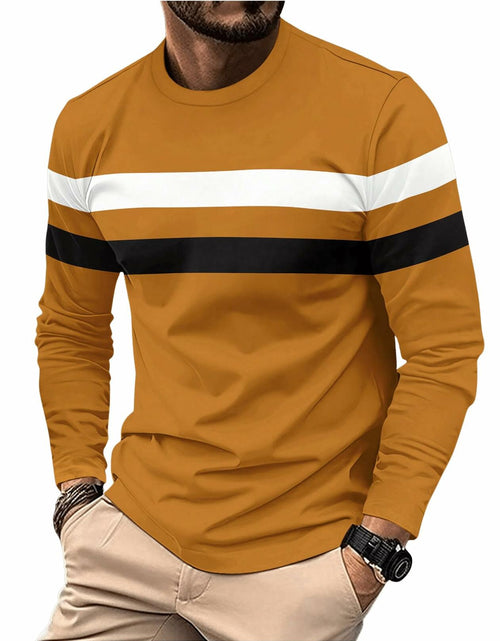Load image into Gallery viewer, COZYEASE Men's Color Block Striped Long Sleeve Tee Mustard Yellow Size XL
