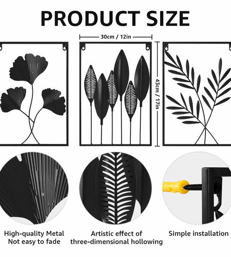 Black Metal Leaf Wall Art 3-Piece Modern Minimalist Decor Home Office
