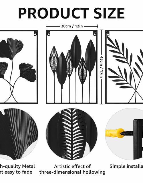 Load image into Gallery viewer, Black Metal Leaf Wall Art 3-Piece Modern Minimalist Decor Home Office

