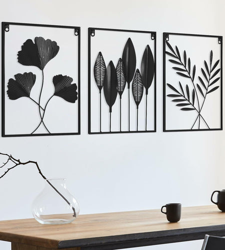 Black Metal Leaf Wall Art 3-Piece Modern Minimalist Decor Home Office