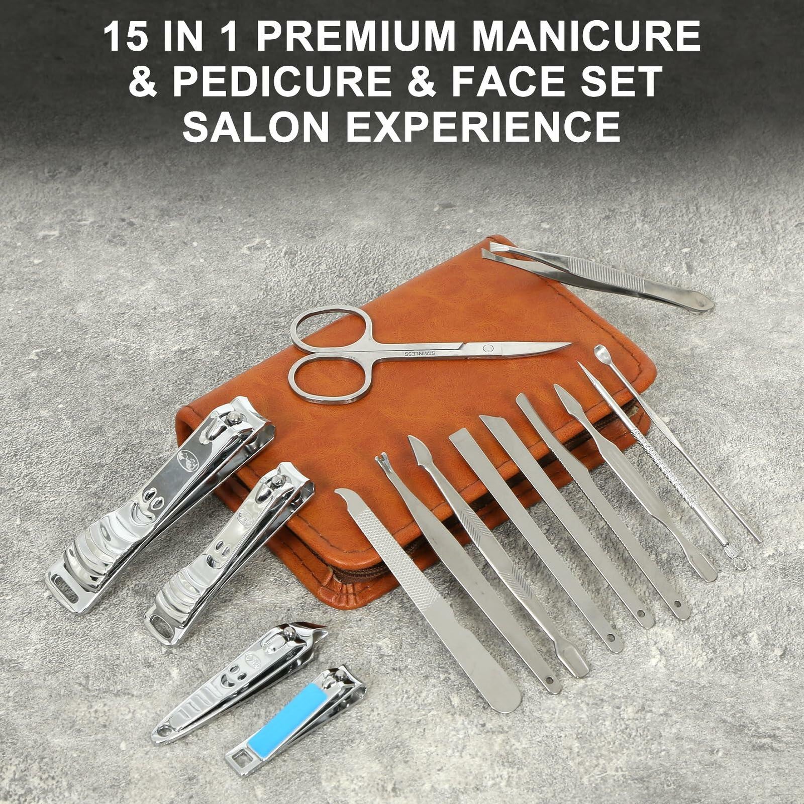 Manicure Set Nail Clippers Pedicure Kit 15Pcs Stainless Steel Brown Case