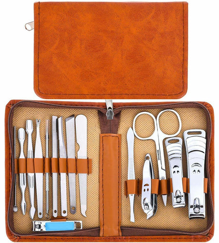 Manicure Set Nail Clippers Pedicure Kit 15Pcs Stainless Steel Brown Case