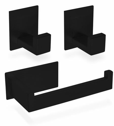 ECENCE Bathroom Set Black 1 Toilet Roll Holder + 2 Towel Hooks No Drilling