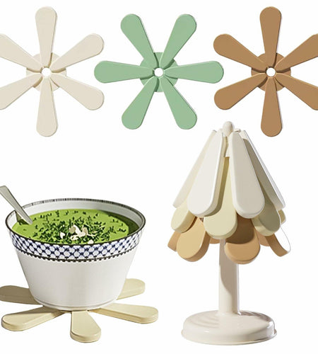 Silicone Trivets for Hot Dishes 3 Tree Coasters + 1 Foldable Stand Green