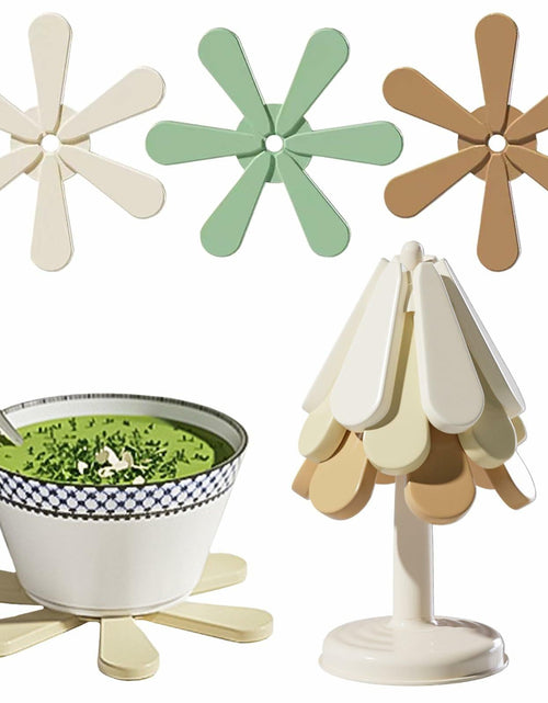 Load image into Gallery viewer, Silicone Trivets for Hot Dishes 3 Tree Coasters + 1 Foldable Stand Green
