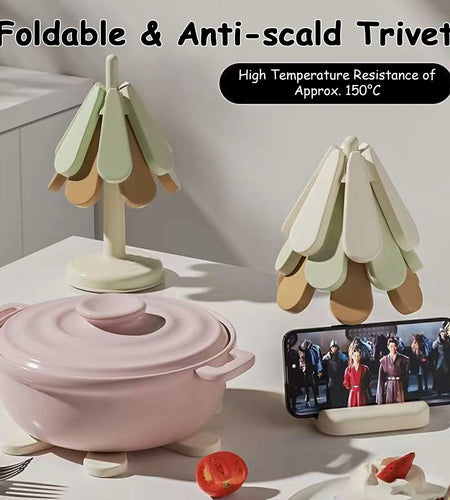 Silicone Trivets for Hot Dishes 3 Tree Coasters + 1 Foldable Stand Green