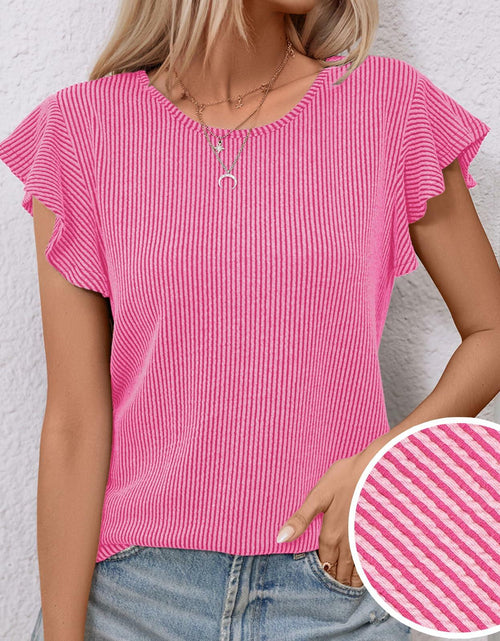 Load image into Gallery viewer, levaca Womens Ribbed Ruffle Short Sleeve Top Blue Size L
