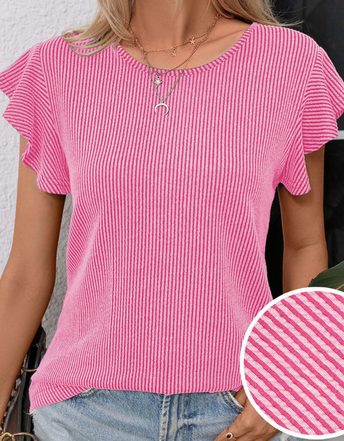Load image into Gallery viewer, levaca Womens Ribbed Ruffle Short Sleeve Top Blue Size L
