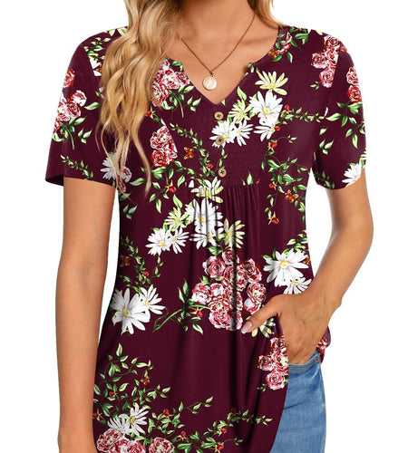CATHY Womens Henley Tunic Top V Neck Button Wine Red Size XL